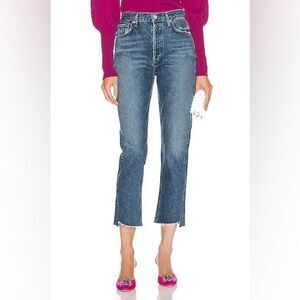 Agolde Riley High Rise Straight Asymmetrical Frayed Raw Hem Crop Jeans Size 25
